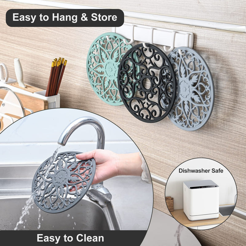 Teal Silicone Trivets Set of 6 - Multi-Use Intricately Carved Hot Pads and Mats for Hot Pots and Pans, Flexible Modern Kitchen Table Mat, Heat Resistant Round Coaster