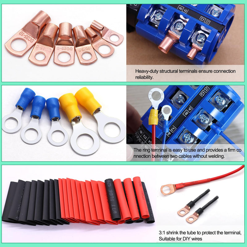 Twidec/110PCS Battery Cable Ends AWG 2 4 6 8 10 12 14 16 Gauge Copper Cable Wire Lugs,Ring Terminals Connectors,Copper Ring Terminals with Heat Shrink N-067-110PCS AWG 2-16