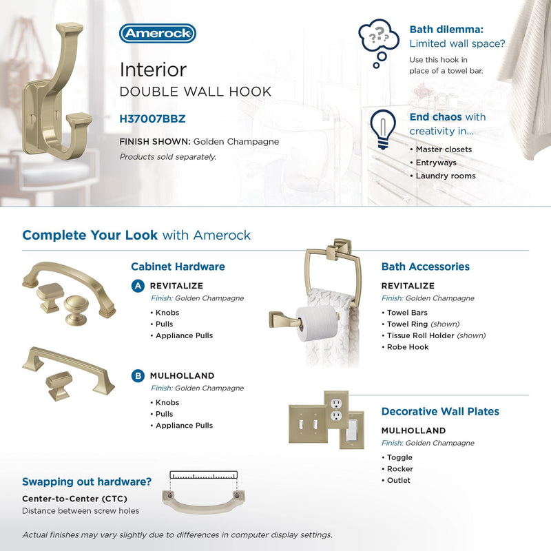 Amerock H37007BBZ | Alder Double Prong Decorative Wall Hook | Golden Champagne Hook for Coats, Hats, Backpacks, Bags | Hooks for Bathroom, Bedroom, Closet, Entryway, Laundry Room, Office