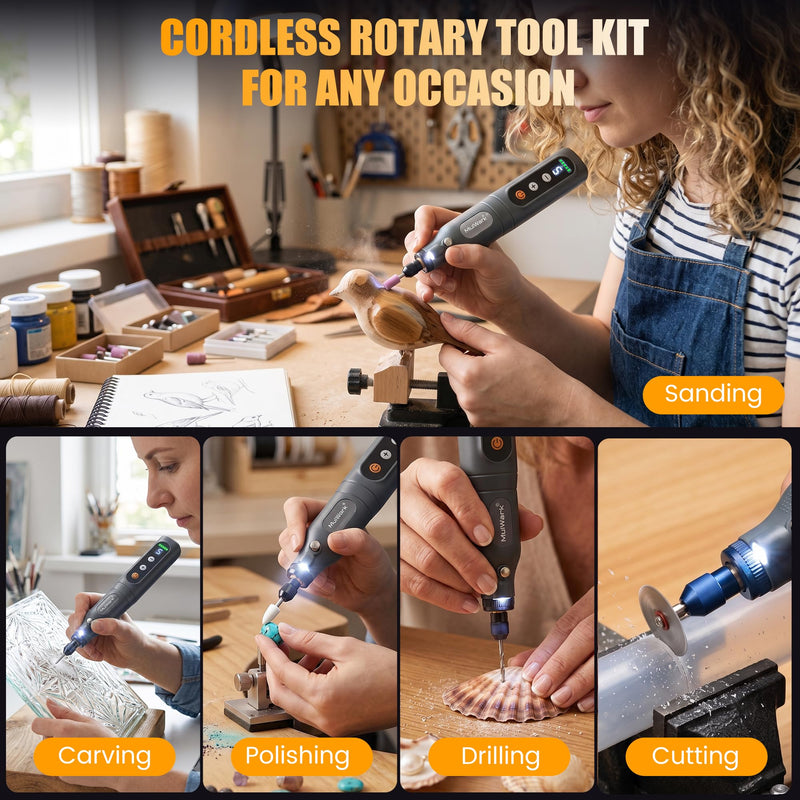 MulWark 113Pcs Rotary Tool Kit 5 Speed LED Display 4V Cordless Rotary Tool