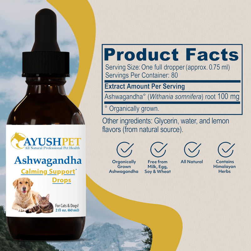 Ayush Pet Stress Support Ashwagandha Drops, Calm and Focus for Dogs or Cats, Alcohol Free Supplement, 2 oz.