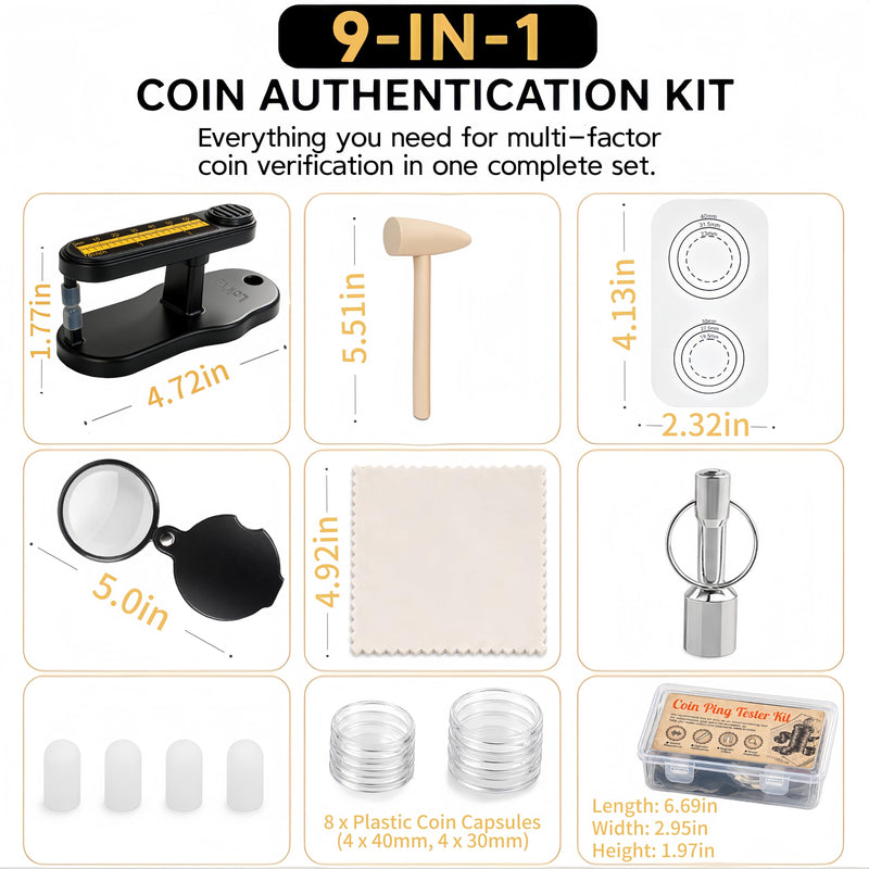 15Pcs Coin Ping Tester Kit - Portable Tool Set for Testing Gold & Silver Coin Authenticity via Sound Resonance & Diameter Check, Pocket Pinger Coin Tester with Storage Case for Collectors