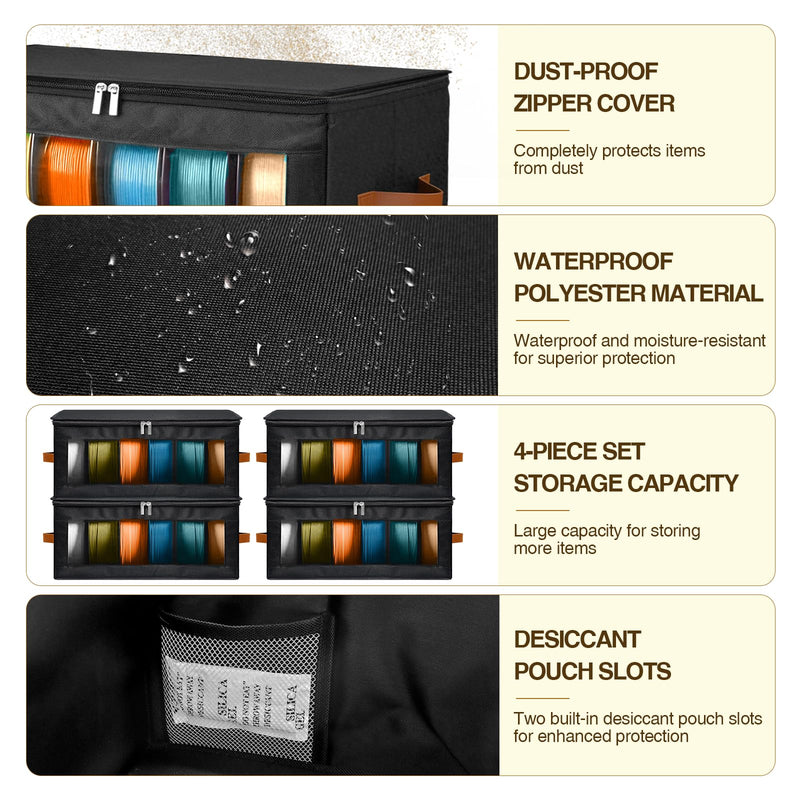 4 Pack Foldable Filament Storage Box, 3D Printer Filament Containers with Transparent Window, Desiccants & Labels, Holds 24 Rolls, Water-Resistant Organizer for Home Office Workshop Studio 4