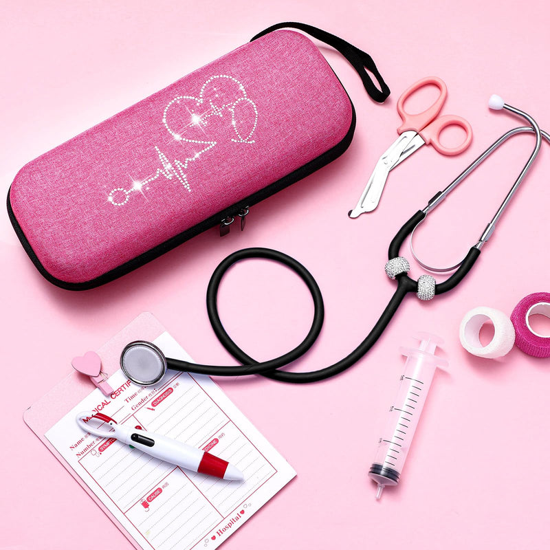 Bling Stethoscope Case Kit 3 Pcs Protective Stethoscope Carrying Case with Rhinestone Charms, Cute Nurse Accessories Gift for Nursing, Portable Organizer Storage(Pink) Pink