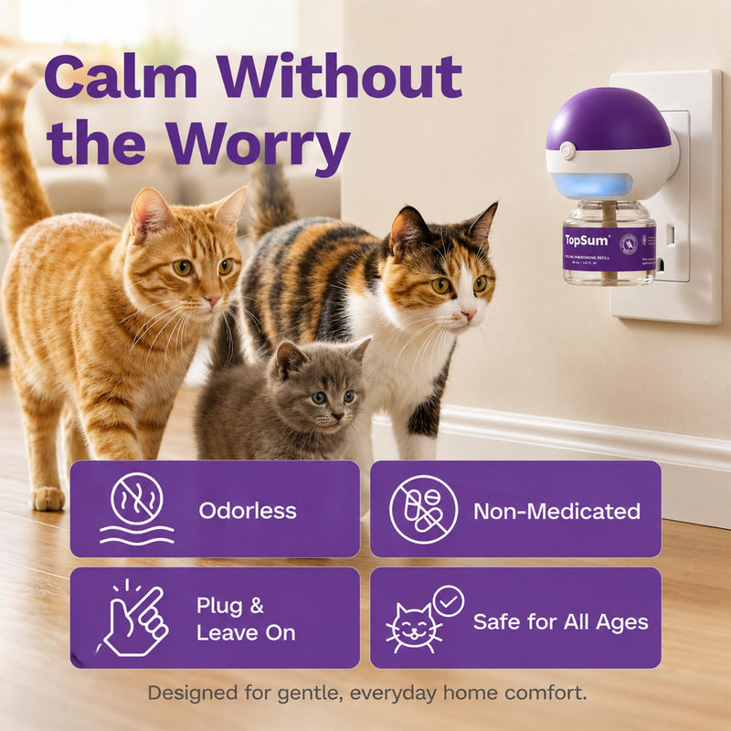 TopSum Cat Calming Pheromone Diffuser: Feline Pheromones Plug in for Stress, Alone At Home, Spraying, Fighting, Scratching, Aggression & Excessive Meowing (Purple– 2 Diffusers+2 Refills) Purple– 2 Diffusers+2 Refills