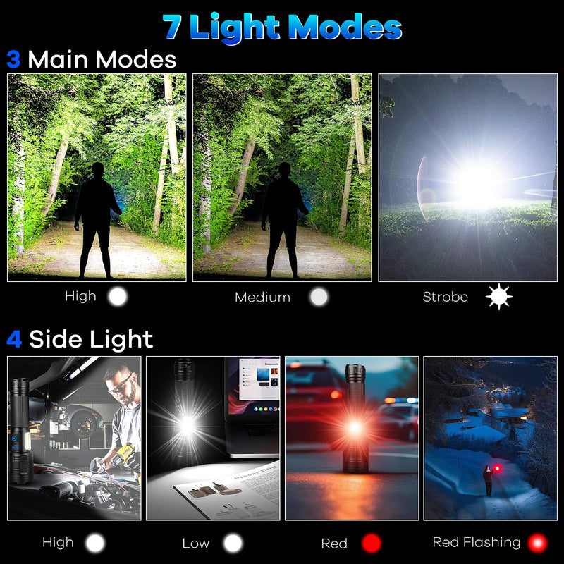 Rechargeable Flashlights 90,000 High Lumens - 2 Pack, Super Bright Flash Light with 7 Lighting Modes, 24H Long Life Powerful Flashlight with Side Light, IPX7 Waterproof Flashlight for Camping Home