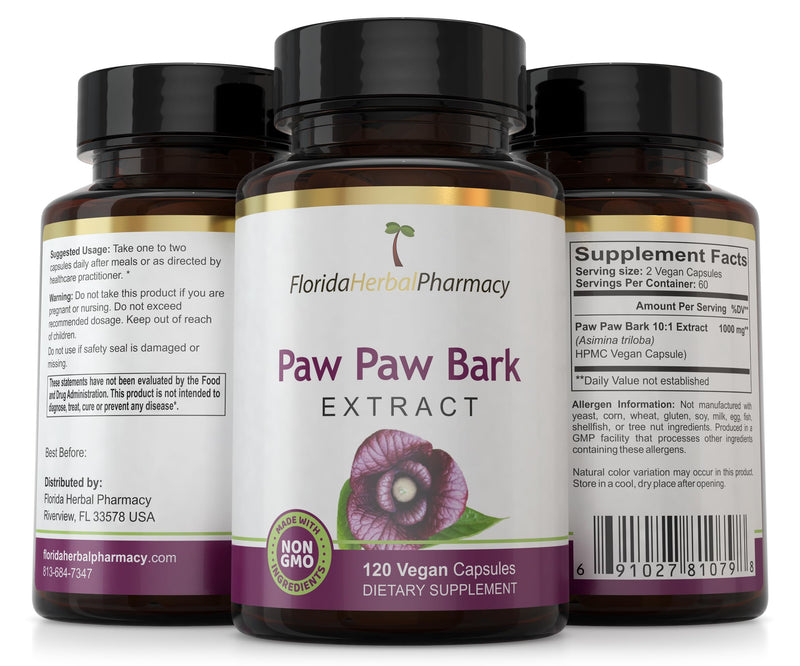Florida Herbal Pharmacy, Paw Paw Extract Supplement Capsules 10:1 (120 Capsules) 500 mg per Capsule, 1000 mg Serving (Pack of 1)