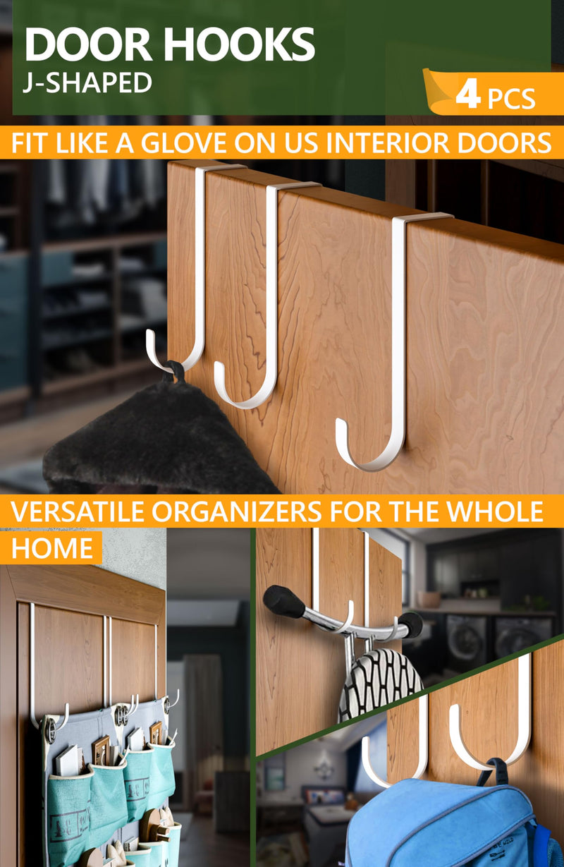 4smile Over The Door Hooks 5 Pack - White Coat Hanger x 4 & 2-Sided Wreath Hanger x 1 Set, Towel Holder for Door Width up to 1 3/8", Hooks for Hanging with Anti-Scratch Pads & Removable Non-Slip Dots 5 Set