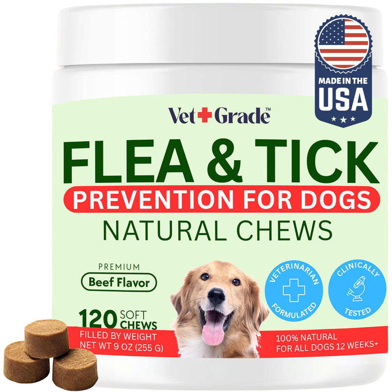 Chewable Flea and Tick Prevention for Dogs - 120 Chews (Beef) - Vet-Recommended Natural Supplement - Made in USA - Oral Dog Flea and Tick Treatment Treats for All Breeds & Sizes - VetGrade™