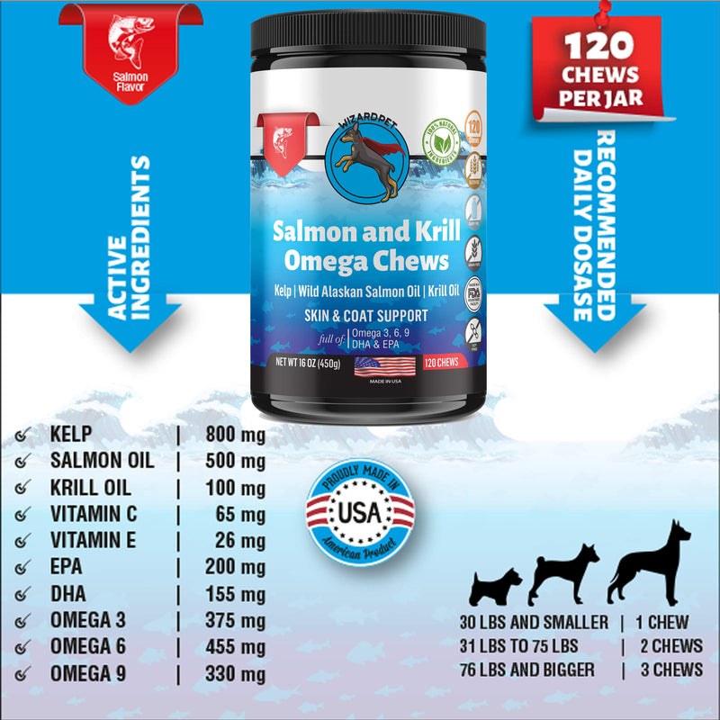 Wild Alaskan Salmon Krill Oil Chews for Dogs - 120 Soft Treats - Omega 3 6 9 Fish Supplement EPA, DHA for Itch-Free Skin Coat Joints - Allergy Relief - Reduce Hair Shedding - Made in USA - PawsPlanet Australia