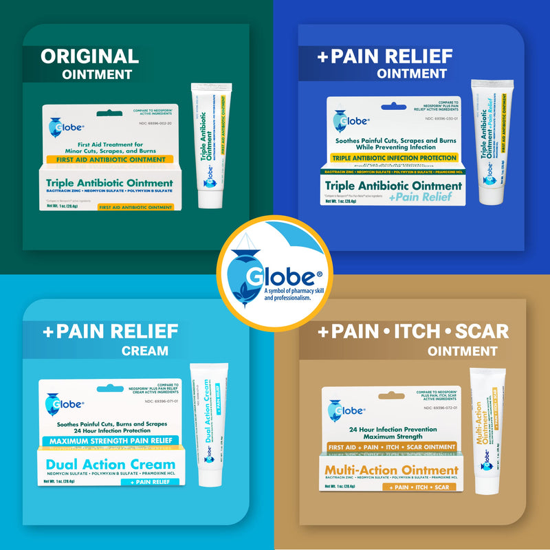 Globe (4 Pack Triple Antibiotic + Pain Relief Ointment 1oz, First Aid Antibiotic, Soothes Pain, Cuts, Burns and Scrapes 24 Hour Infection Protection