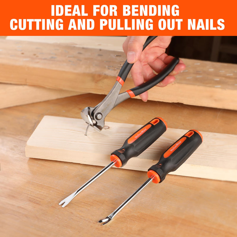 VALUEMAX 3Pcs Nail Puller Nail Remover Tool, Include 7" End Cutting Pliers, 8" Bendable and Straight V Tip Upholstery Staple Remover, Upholstery Tools for Cutting Wires, Removing Nails and Staples
