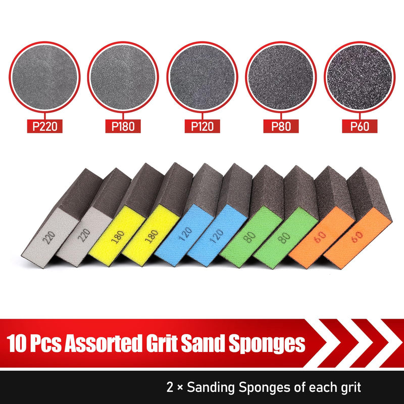 10 Pcs Sanding Sponge, Washable and Reusable Sanding Block 60/80/100/120/180/220 Grit Sand Paper Assortment for Wood Drywall Metal Glasses Sandpaper Block Sand Paper Brick - NewNest Australia