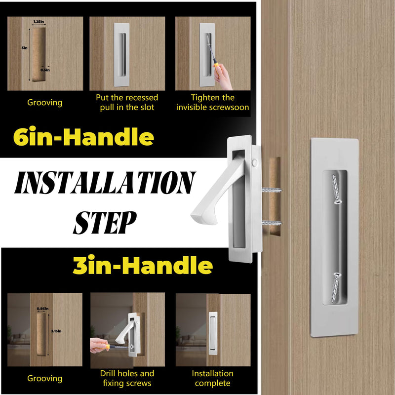 bealy Pocket Door Handles and Edge Pull Matte,Pocket Door Hardware Set, 6Inch Handles Hardware Latch,Recessed Finger Flush Pulls,for Closet,Sliding,Barn Door, 304 Stainless Steel,Brushed Nickel Brushed Nickel 1 Set（2 Recessed Pull Handle +1 Edge Handles）