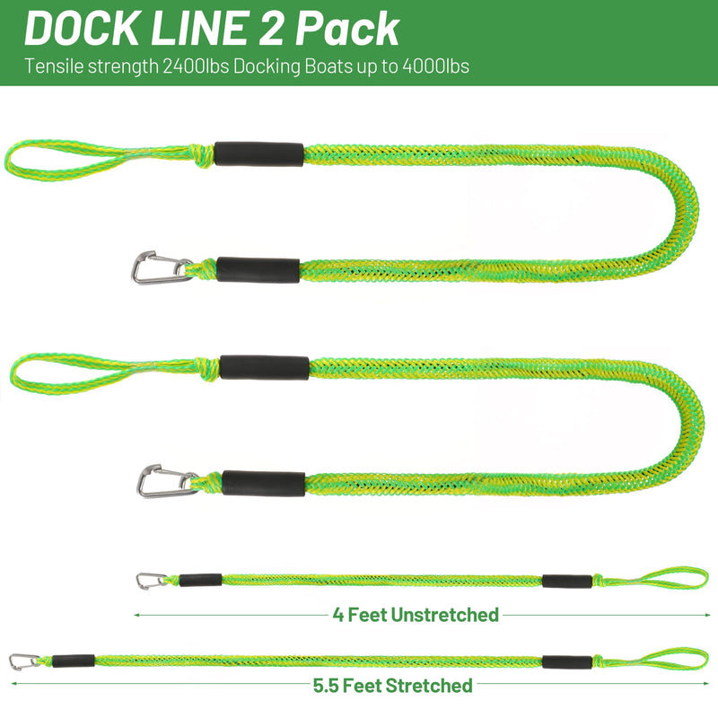 Boat Bungee Dock Lines Marine Mooring Rope with Stainless Steel Clip Bungee Cord Docking Lines for Boat Bungee Docking Ropes for Kayak,Pontoon,Canoe (Green-2) Green-2