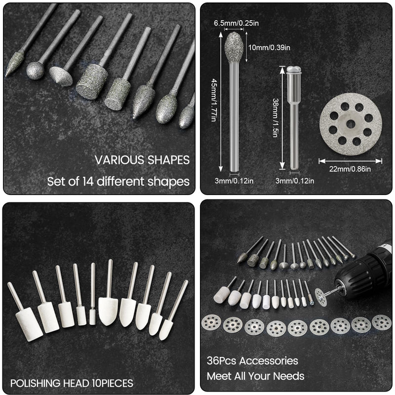 Diamond Burr Set for Dremel, Rotary Tool Grinding Cutting Wheel Stone Glass Tile Jewelry Engraving Rock Etching Masonry 1/8” Die Grinder Carving Cutter Metal Engraver Kit - 36pc Set Style 3