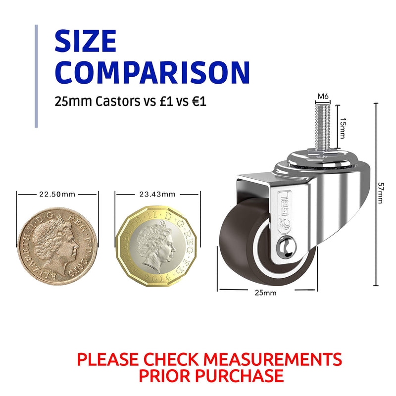 GBL 1" inch Small Caster Wheels with 2 Brakes -1/4" -20 x 3/5" (Stem Dia. 1/4", Length 3/5") - 90Lbs - Low Profile Castor Wheels with Brakes - Set of 4 No Floor Marks Silent Casters - Mini Wheels
