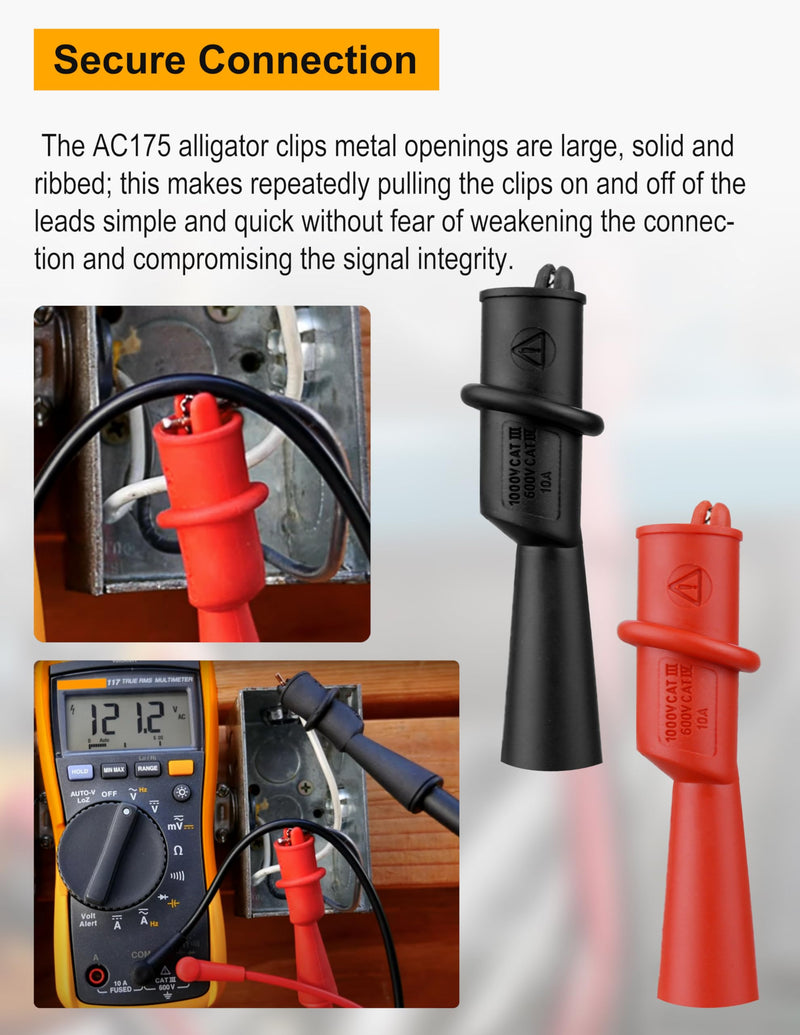 ZIBOO AC175 Threaded Slide-On Alligator Clip Set with Flexible Boots, Compatible with Fluke Compatible with TL71, Compatible with TL75, TL175 and TP175 Test Leads (2 Sets) AC175(2 Sets）