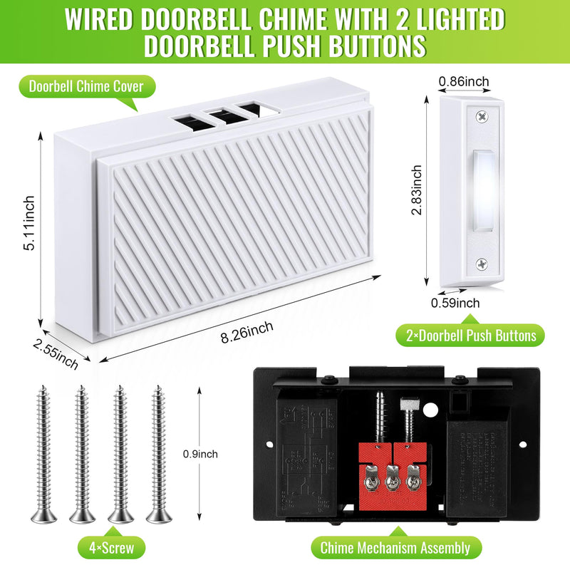 Saillong Wired Doorbell Chime Kit, 2 16V 10VA Lighted Doorbell Push Buttons with 2 Notes for Front, Rear Door and Doorbell Chime Box for Home Wall Inside, Compatible with Most Doorbells (Strip Style) Strip Style