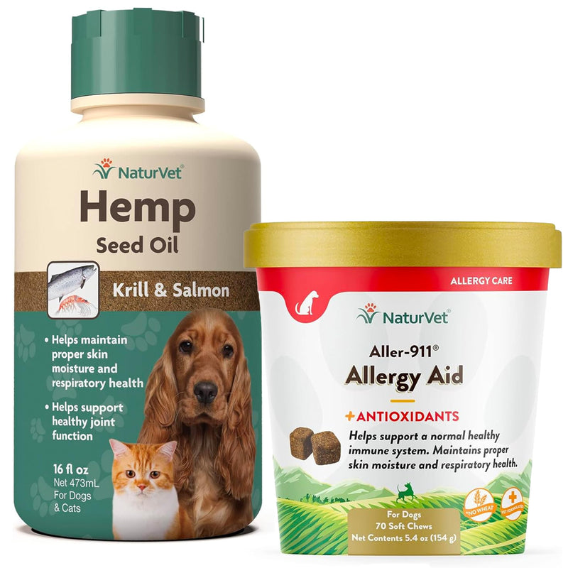 NaturVet Aller-911 Advanced Allergy Aid for Dogs, Cats - 70 Soft Chews Hemp Seed Oil Krill and Salmon, 16 oz. Liquid, Made in The USA with Globally Sourced Ingredients