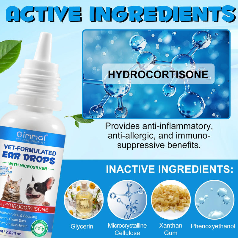Cat & Dog Ear Infection Treatment Drops, Pets Ear Cleaning Solution Drops with 1% Hydrocortisone Soothing Dog Yeast Infection, Treats Ear Infections, Itchy Ear Relief, Cat Ear Care Supplies 1 pack