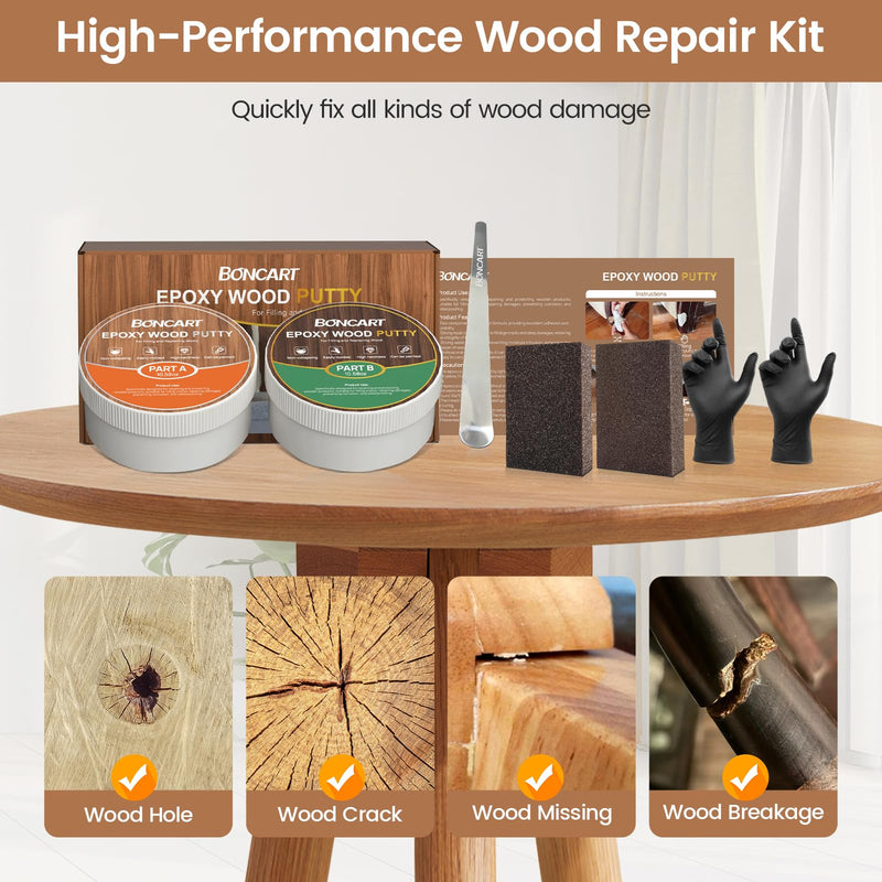 Epoxy Wood Putty, High Strength Wood Filler Putty, Stainable 2-Part Epoxy Putty Filler, 21.16 oz Structural Wood Epoxy Filler Kit, Wooden Furniture Repair Kit for Damaged Wood (White) White