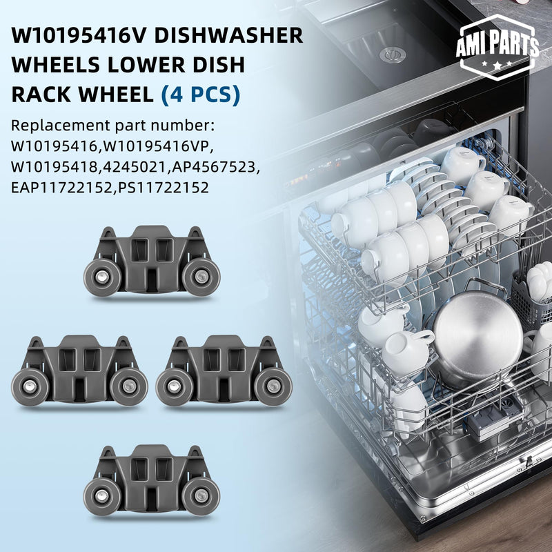 W10195416V W10195416 Dishwasher Wheels Lower Rack Metal shaft Parts by AMI PARTS, Fit for Kitchen-aid Whirl-pool May-tag Ken-more Dishwasher Rack Parts, Replaces 4245021 AP4567523 EAP11722152(4 Pcs) height：2.88in