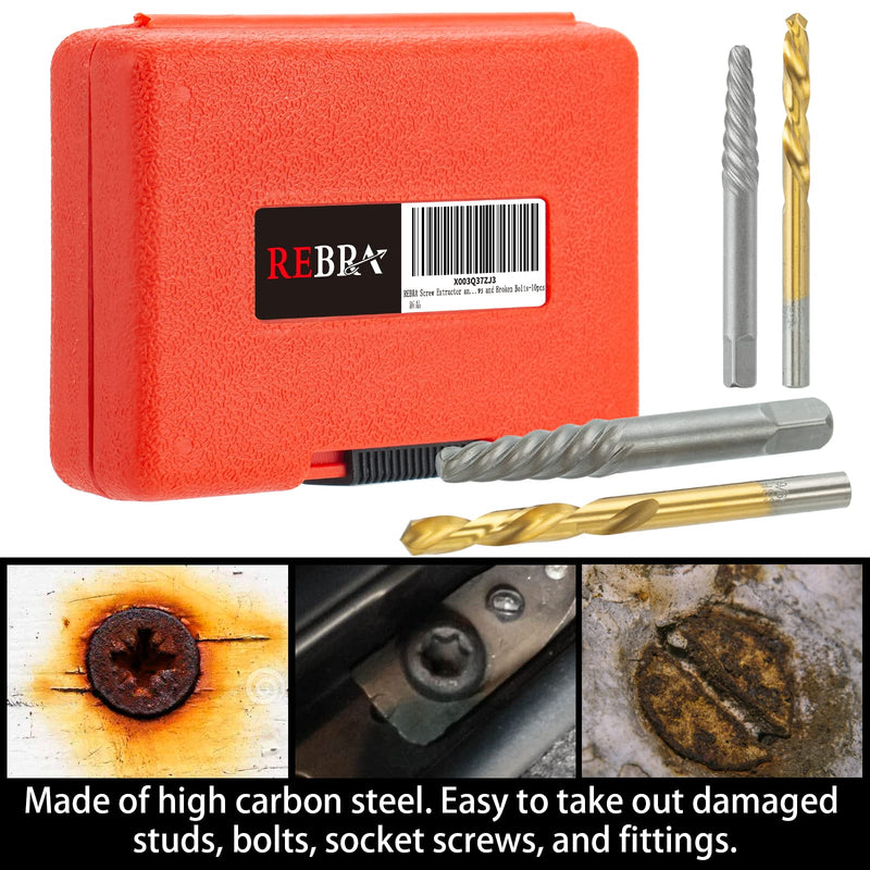 Screw Extractor Set, 37# Cr-Mo & 6542 HSS Steel Cobalt Left-Hand Drill Bit, Easy Out Broken Bolt Remover Reverse, Ez Out Stripped, Rounded-Off, Damaged Bolts, Screws&Studs Removal Tool (10-Pieces) 10-Pieces