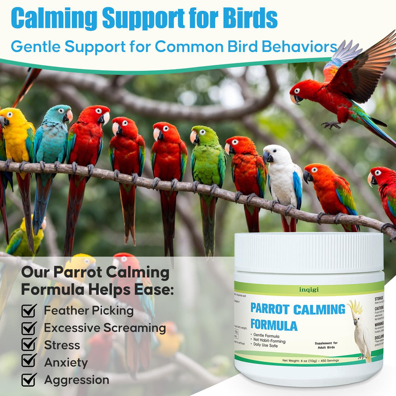 Parrot Calming Supplement – Natural Bird Stress Support Powder for Fireworks, Travel & Visitors – Vet-Formulated – Easy to Use Daily Support for Parrots – 4oz (450 Servings)