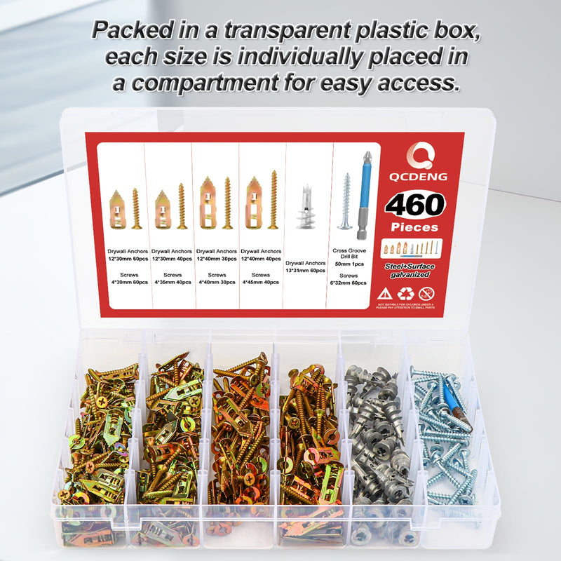 460pcs 5 Different Sizes Self Drilling Drywall Anchors Kits, Anchor and Screw Combination with Cross Groove Drill Bit