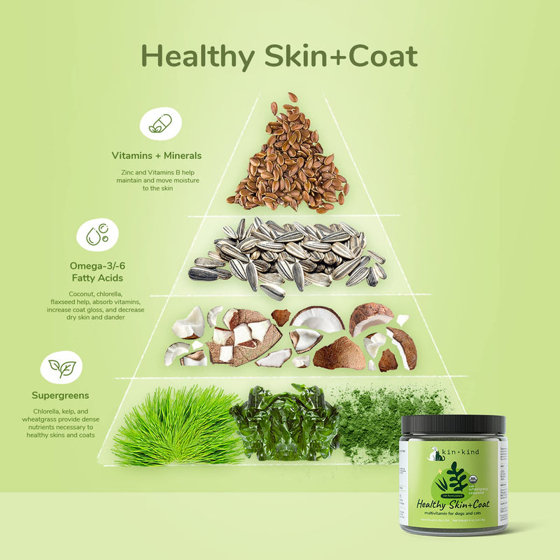 kin+kind Organic Multivitamin for Dogs & Cats - Vitamins and Supplements for Healthy Skin and Coat - Natural Formula with Wheatgrass, Kelp, Flax Seed, Seaweed and Coconut - Large 8 oz - Made in USA 8 oz (Pack of 1) - PawsPlanet Australia