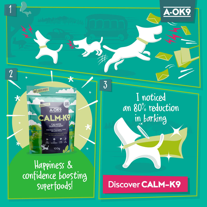A-OK9 Calm-K9 | Calming Supplement for Dogs with Anxiety, Stress or Barking Troubles | Natural Ingredients. All Ages & Breeds Superfoods & Dog Supplements 1 pouch - PawsPlanet Australia
