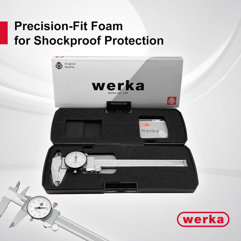 werka Dial Caliper 6 Inch, Shockproof Dial Caliper Measuring Tool with 0.001" Precision Micrometer Caliper with Custom Case, 4-Way Measurement, Stainless Steel 0-6x0.001"