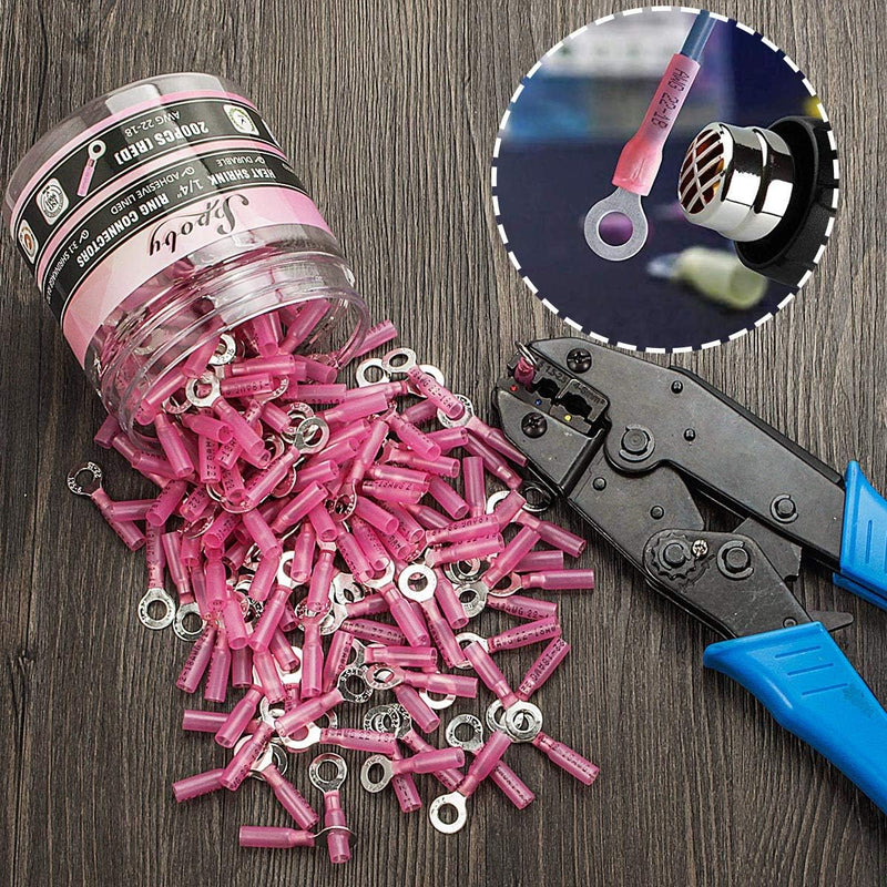 200PCS Heat Shrink Crimp Ring Connectors 1/4" Red 22-18 AWG - Heat Shrink Wire Connectors Electrical Connectors - Automotive Marine Ring Terminals by Sopoby 200 Ring Connectors 1/4"