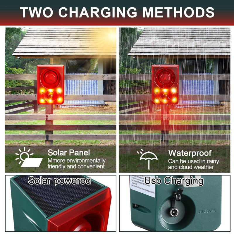 Qualirey 2 Pcs Solar Outdoor Motion Sensor Alarm Animal Deterrent Gunshot Sound Dog Barking 130db Loud Noise Maker 3 Modes with USB Remote Control, Support Recording and Volume Adjustment (Red) Red