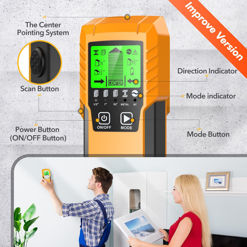 Stud Finder Wall Scanner Detector - 5 in 1 Electronic Wall Wood Metal Stud Locator Edge Center Sensor Beam for Live AC Wire Pipe Metal Lumber Joist Drywall Framing Detection（Yellow）