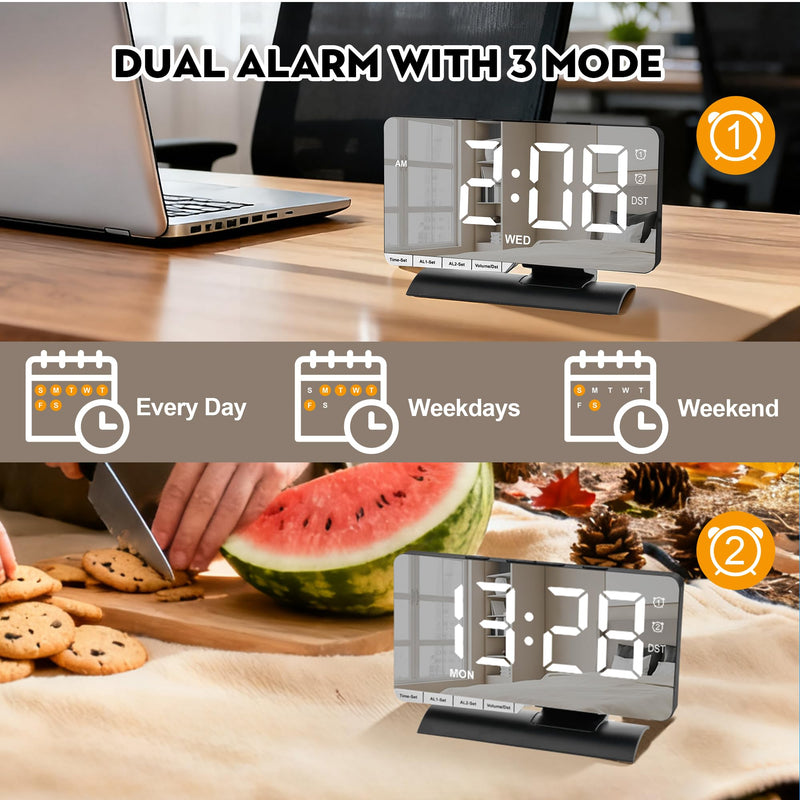 SZELAM Digital Clock,Alarm Clock Bedside,7.3'' Large LED Mirror with Date Display,Dual Alarm with 3 Mode,Brightnee Adjust,DST,Snooze Function,USB C Charging Port,5 Levels Volume for Desk Bedroom Teens Black