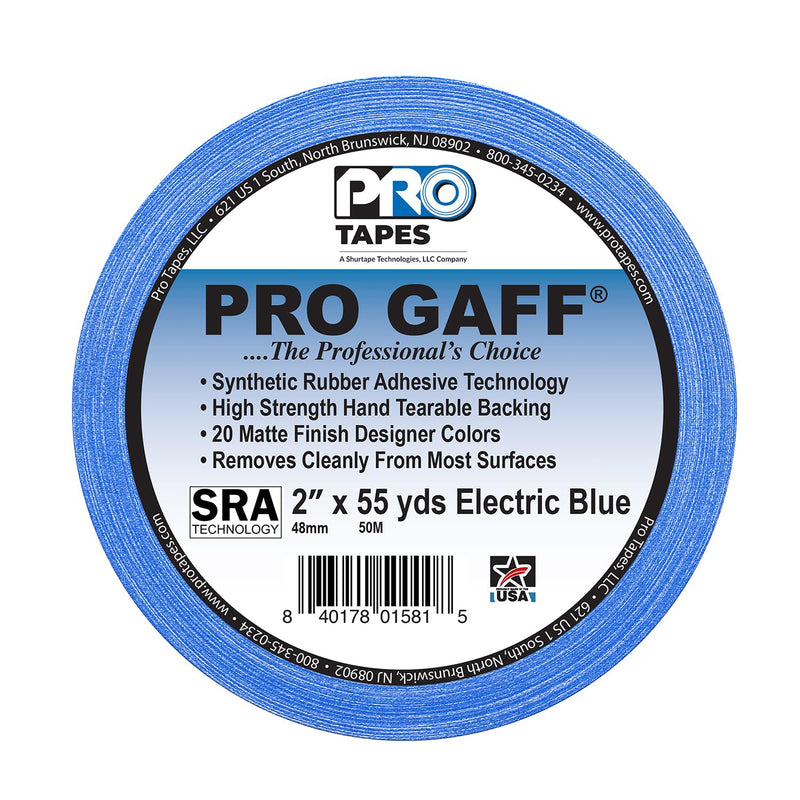 ProTapes Pro Gaff Premium Matte Cloth Gaffer's Tape With Rubber Adhesive, 11 mils Thick, 55 yds Length, 2" Width, Electric Blue (Pack of 1)