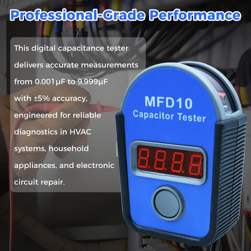 MFD10 Capacitor Tester, Digital Capacitance Meter with LED Display, 0.001µF to 9999µF Range, ±5% Accuracy, for HVAC Appliance Motor Start/Run Capacitor Testing (Black)