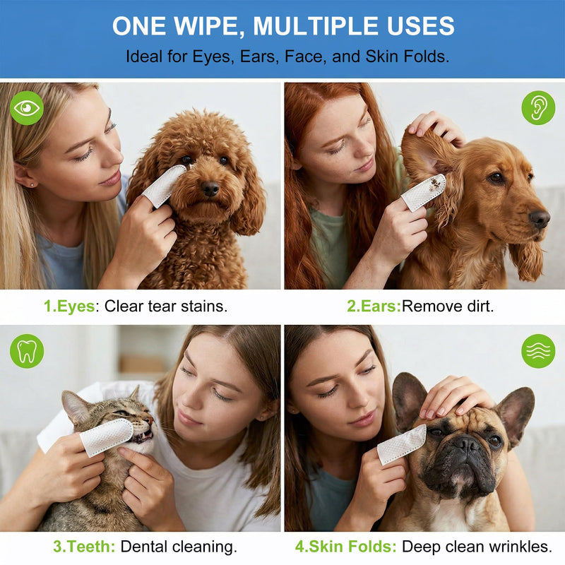 Vet-Recommended Pet Finger Wipes, Coconut Scent 60CT, Triple Clean Dental, Tear Stain & Ear, Freshen Breath & Remove Plaque Tartar, Replace Toothbrush Paste, Friendly to Timid Shy Pets