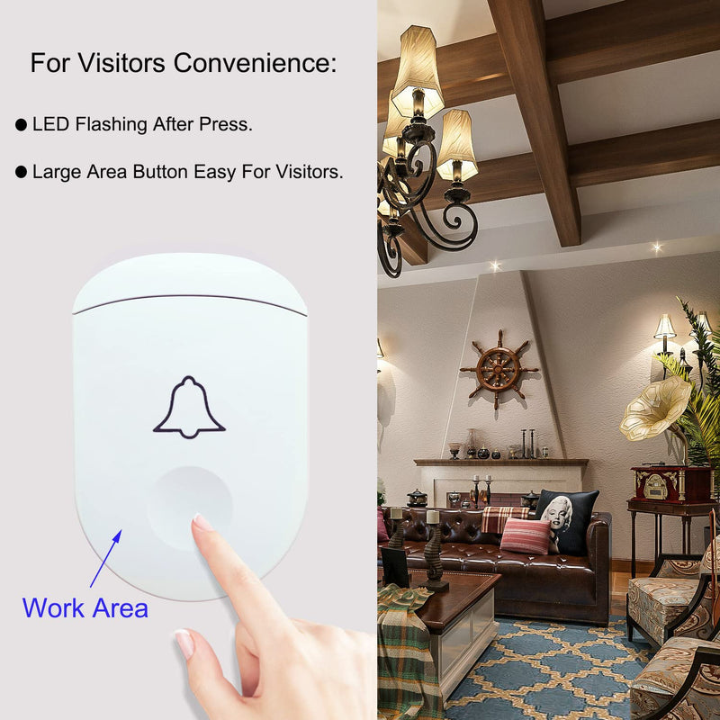 Wireless Doorbell, 1,000ft Range Loud Enough Doorbell Chime，5 Volume Levels and 52 Door Chimes With LED Flashing (White Big Button) White Big Button