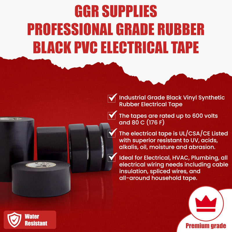 GGR Supplies T.R.U. EL7566-AW Professional Grade Rubber Black PVC Electrical Tape, Rated up to 600 Volts and 176 F - UL/CSA/CE Listed Synthetic: 1 in. x 66 Ft. (8 Mil) 1 in. x 66 ft. (24mm)