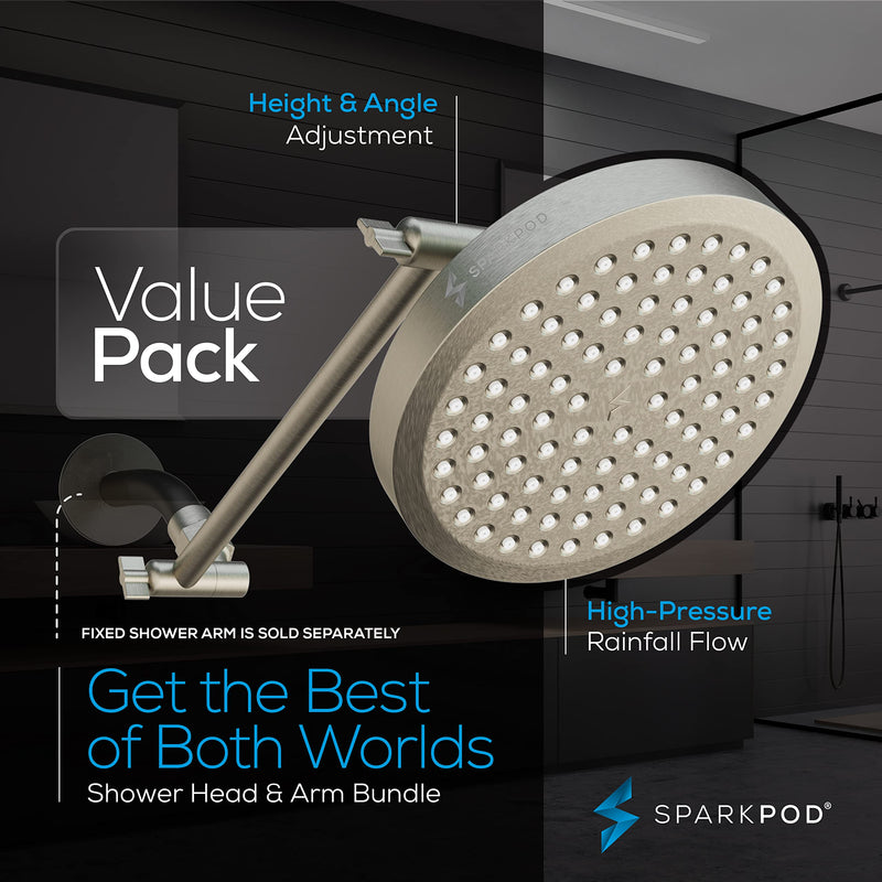 SparkPod Round Rain Shower Head with Extension Arm - Height Adjustable Shower Head with High Pressure Performance - Easy 1-Minute Installation (11" Arm Extension, Elegant Brushed Nickel) 6" Round + 11" Arm 2. Brushed Nickel, 6" Round + 11" Arm - NewNest Australia