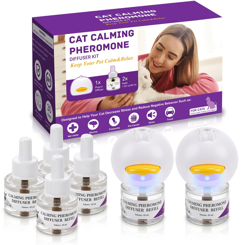 120-Days Cat Calming Pheromone Diffuser Kit - 2 Diffusers & 4 Refills, Long-Lasting Stress & Anxiety Relief, Fighting, Aggression, Meowing & Scratching | 2-Pack Cat Calming Diffuser Kit transparent