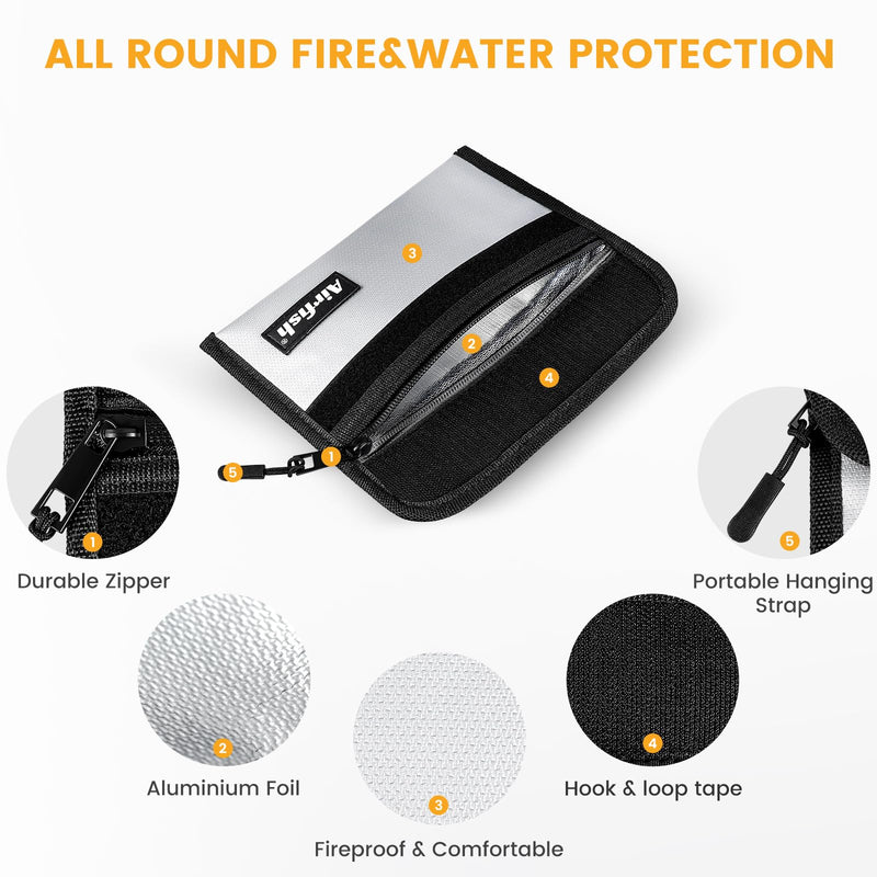 Fireproof Money Bag, 5 x 8 inches Fireproof Wallet, Waterproof Cash Bag with Zipper, Small Fireproof Cash Bag for Valuables 5x8 inches Black