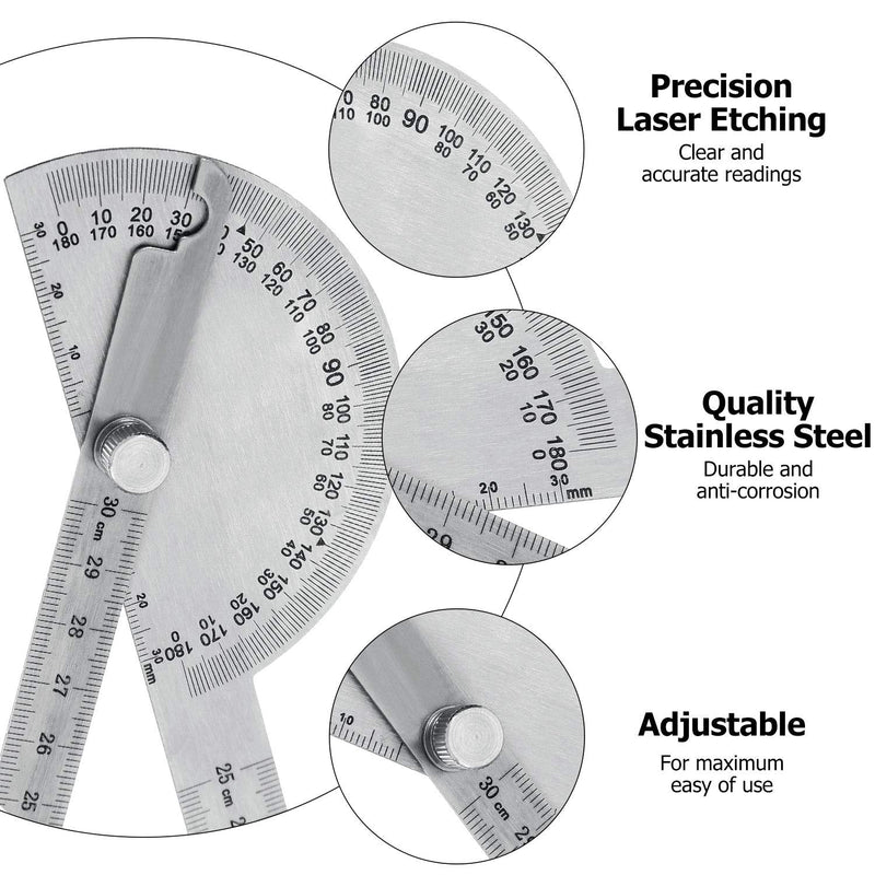 Angle Protractor Angle Finder Ruler Two Arm Stainless Steel Protractor Woodworking Ruler Measure Tool with 0-180 Degrees(30 cm/ 11.8 Inch) 30 cm/ 11.8 Inch