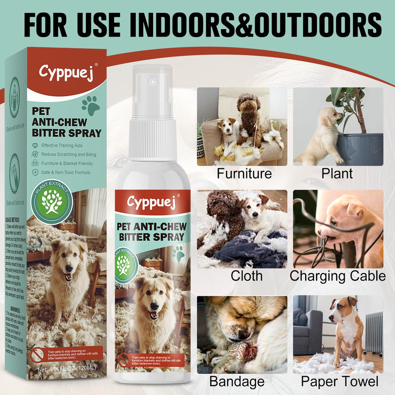 No Chew Spray for Dogs Cats,Bitter Apple Spray for Puppy to Protect Furniture Shoes Belongings, Natural Dog Anti Bite Training Aid Stops Chewing and Licking (2x4.06FL.OZ),Alcohol-Free 120ML of 2 BOTTLES