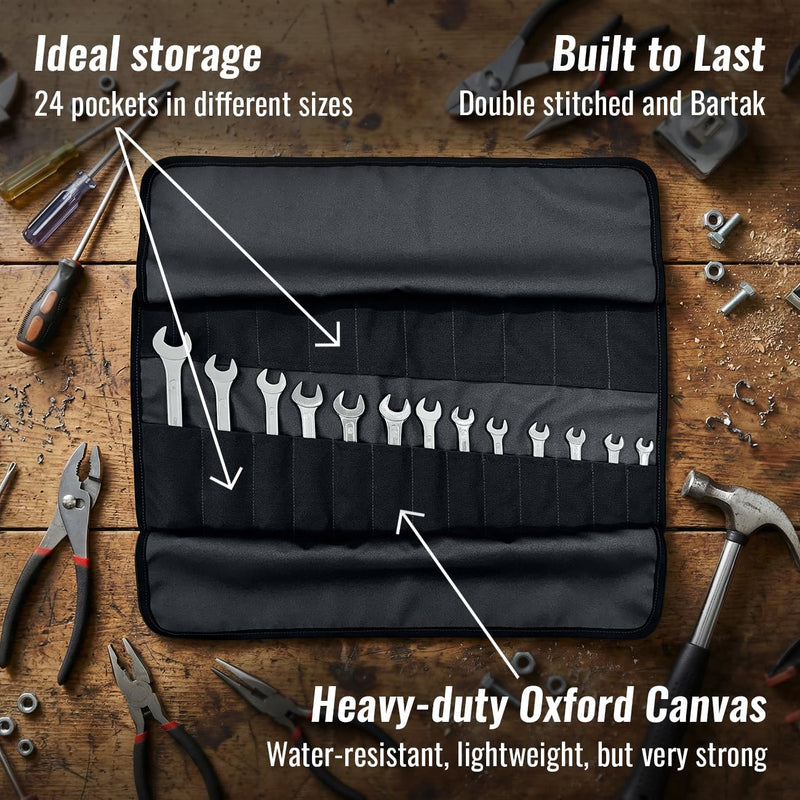 Under NY Sky Tool Roll Organizer, 24 Pockets, Oxford Canvas, Heavy-Duty Wrench Bag, Portable Hand Tool Pouch for Mechanics, Electricians, and Hand Tools - Black 24 Slots Black