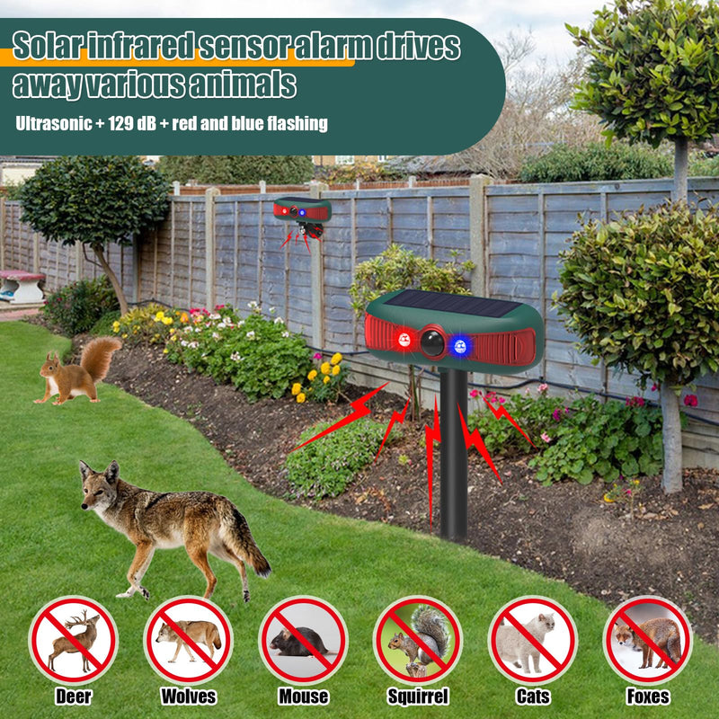 Qualirey 2 Pcs Solar Outdoor Alarm Motion Sensor 129dB Security Siren Ultrasonic Detector Strobe Light, 4 Modes Animal Deterrent Waterproof Alarm for Home, Farm (Red)