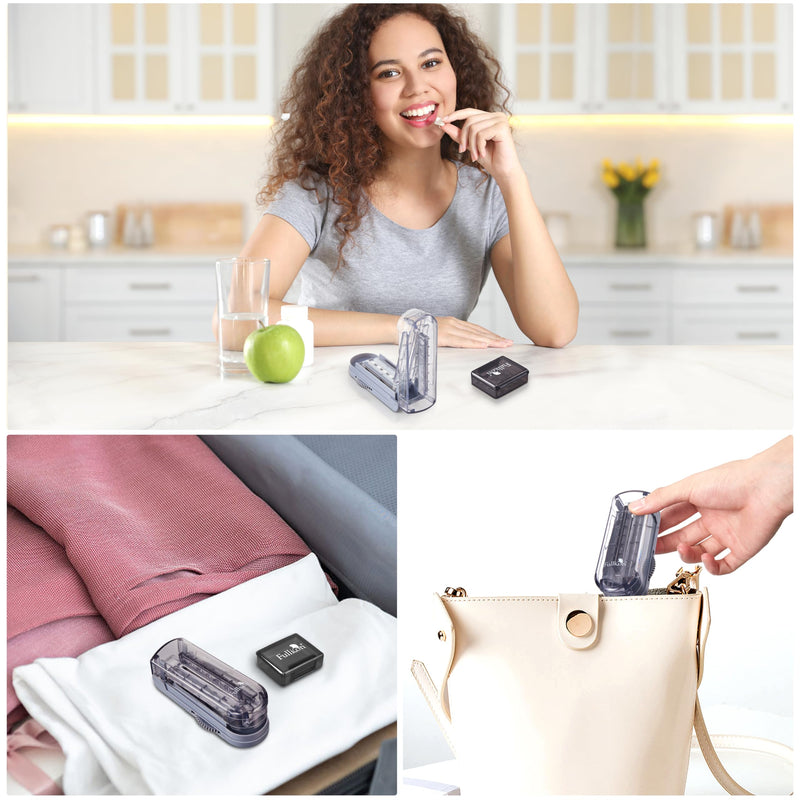 Fullicon Multiple Pill Cutter - Adjustable for Small Pills With Accurate Alignment, Stainless Steel Cutting Blade & Guard, Splitter With Free Brush & Box (Grey) Grey